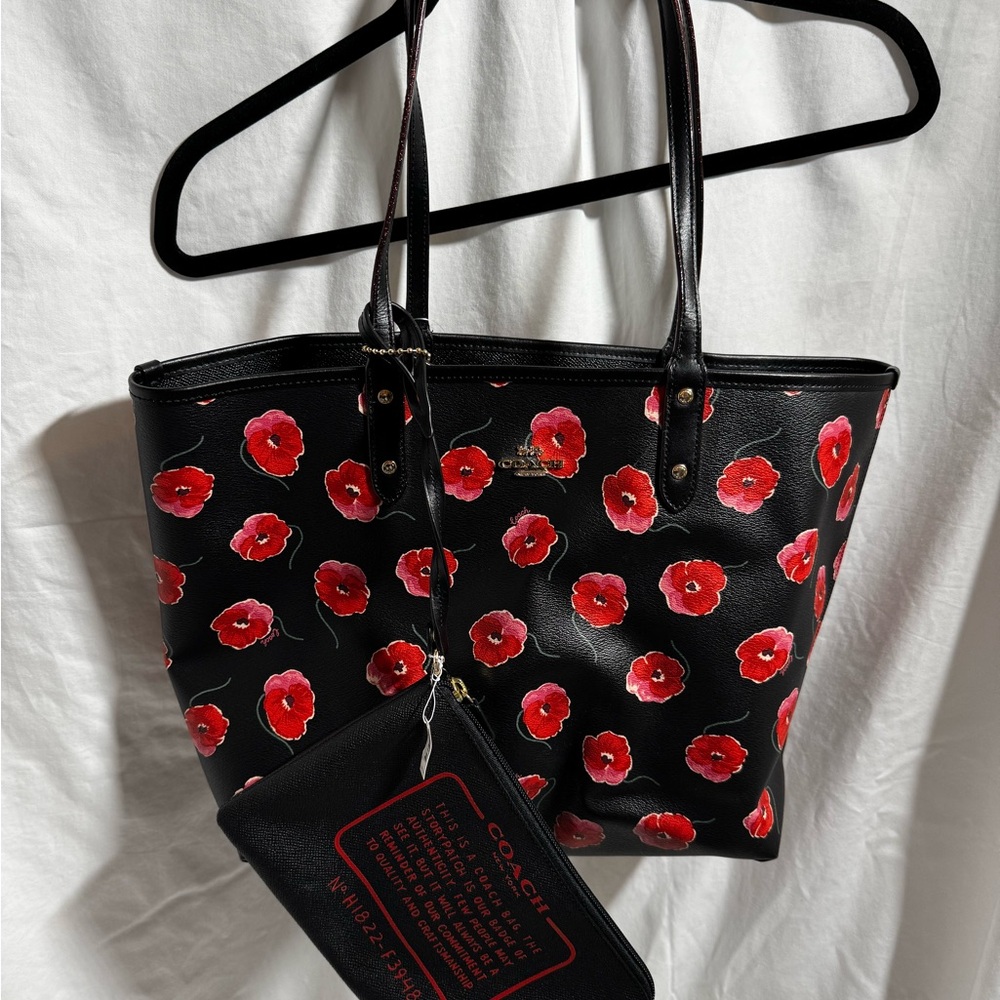 Coach Black Tote with Red Floral Design